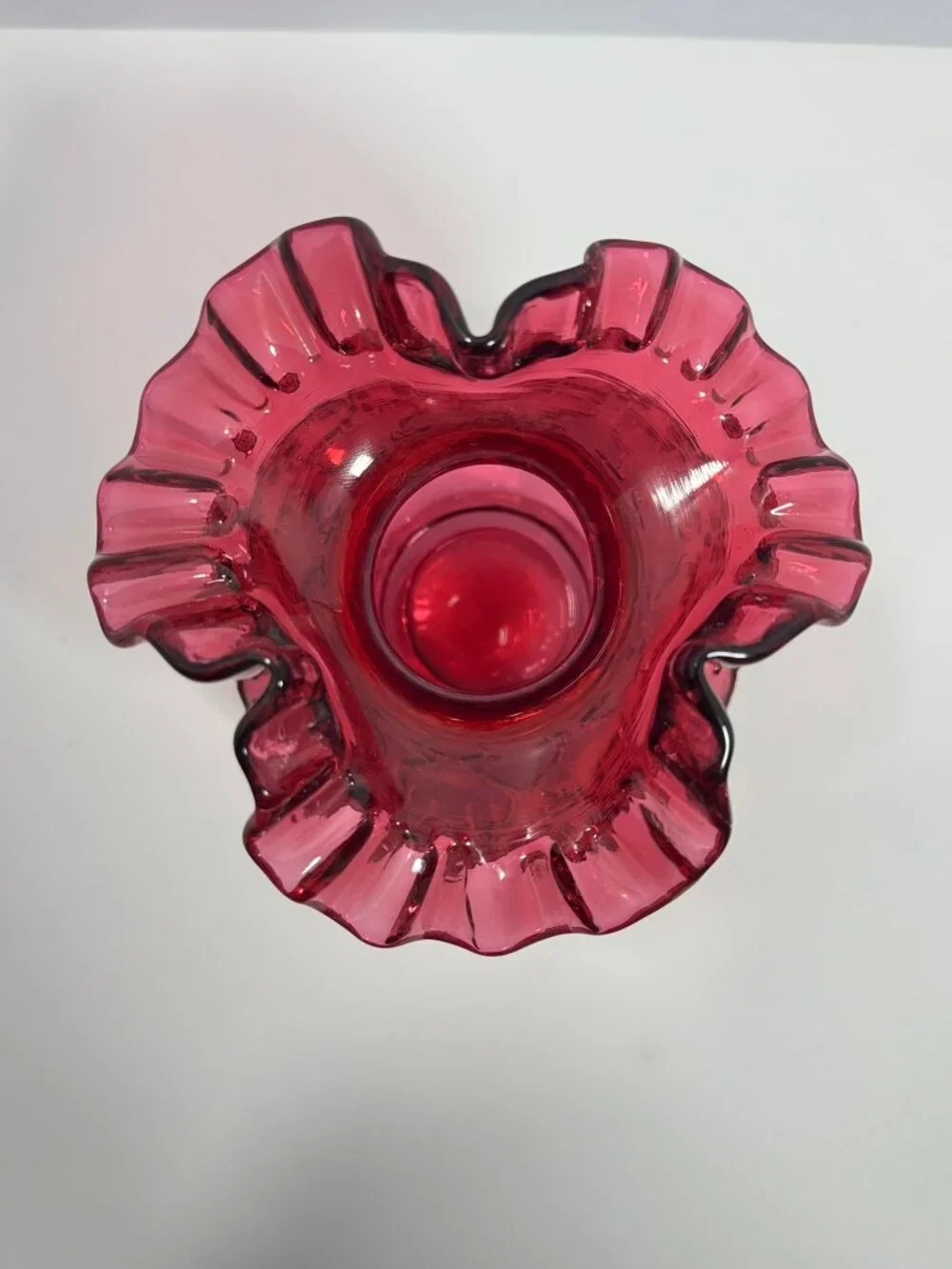 Fenton Vintage Cranberry Glass Heart & Vine Embossed Vase Double Crimped Ruffled